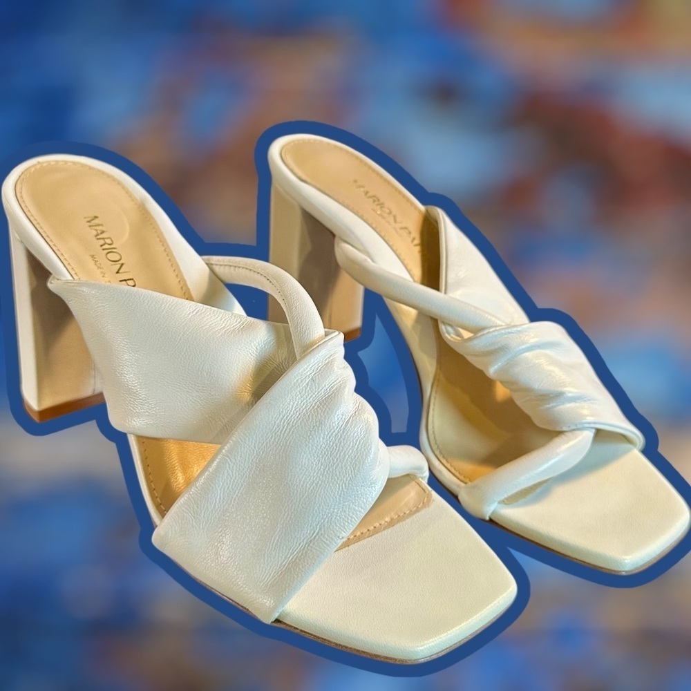 NWT Marion Parke ‘Paola 85’ Block Heel Sandals in Ivory Nappa Leather Size 5.5